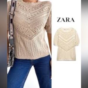 ZARA pointelle cream open knit short sleeve 100% cotton pompom detail top S NWOT